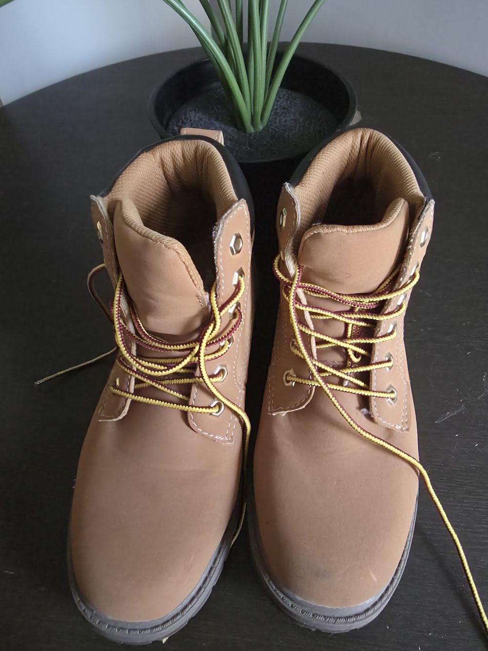 Eddie Bauer Tan Work Boots with Yellow Accent Laces